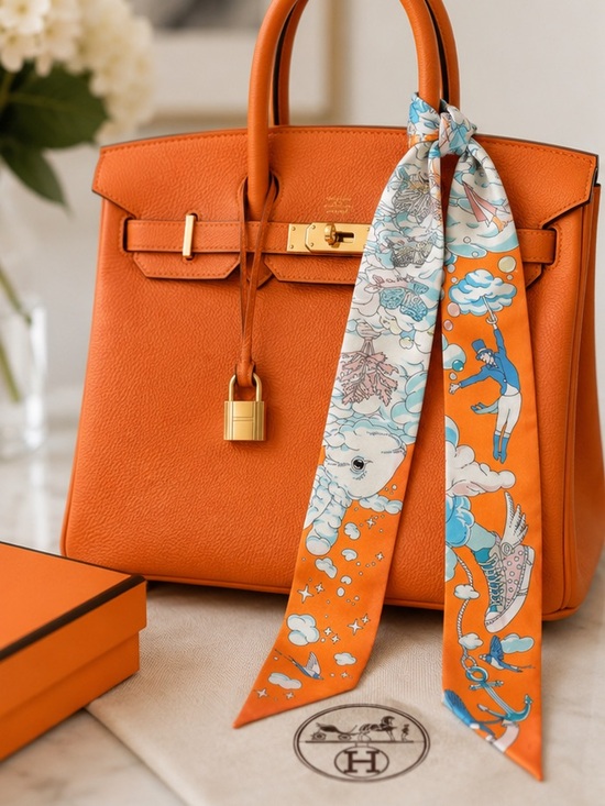 Accessories - Bright Orange and Sky Blue Illustrated Silk Scarf Tie